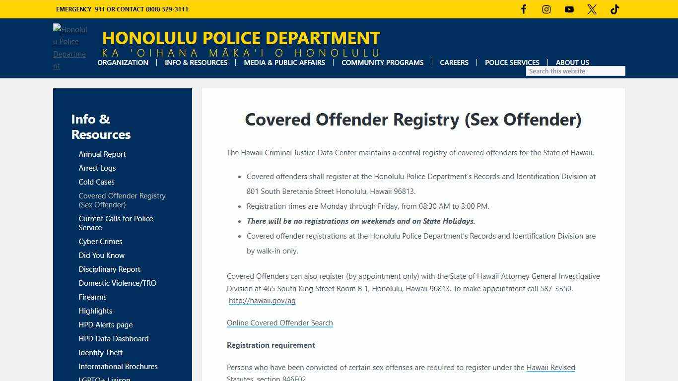 Covered Offender Registry (Sex Offender) - Honolulu Police Department
